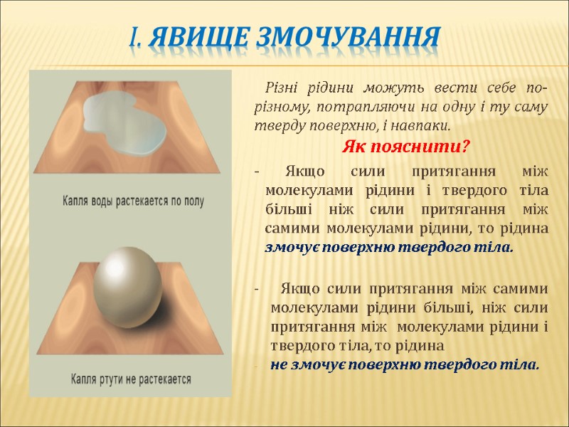 І. Явище змочування Різні рідини можуть вести себе по-різному, потрапляючи на одну і ту